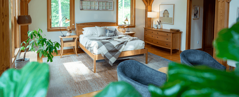 Master bedroom in timber frame home